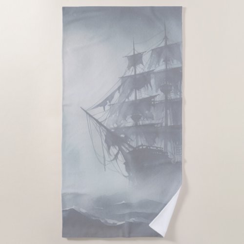 Grey Gray Fog Pirate Ship 2 Beach Towel
