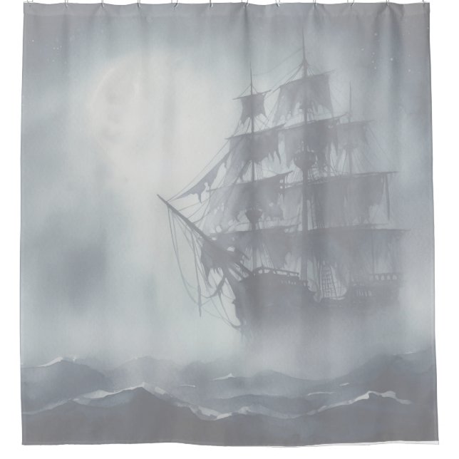 Grey, Gray Fog Pirate Ship 2 Shower Curtain (Front)