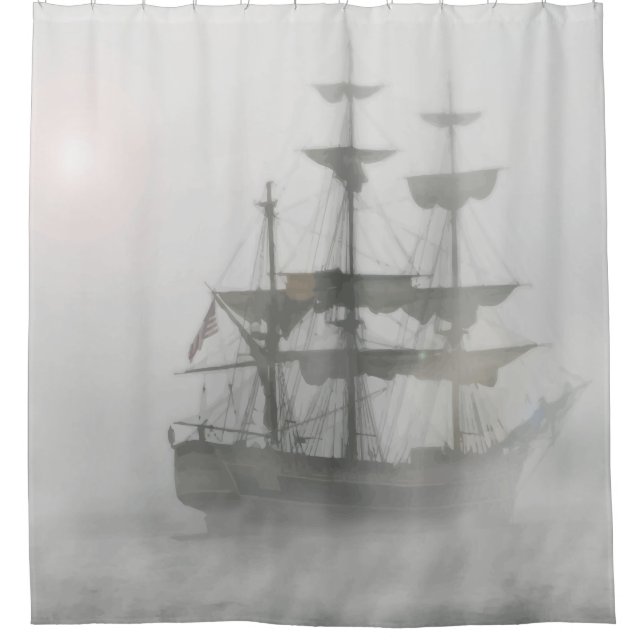 Grey, Gray Fog Pirate Ship Shower Curtain (Front)