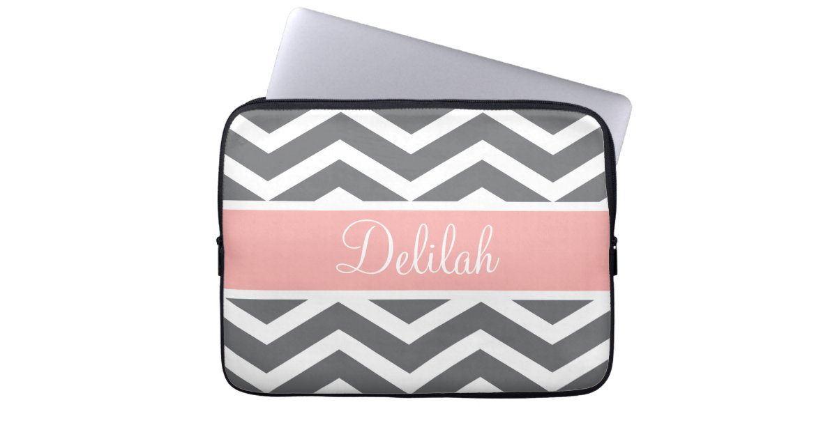 Grey Gray Peach Chevron Custom Name Laptop Sleeve | Zazzle
