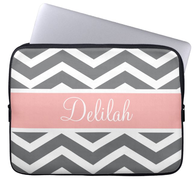 Grey Gray Peach Chevron Custom Name Laptop Sleeve (Front)