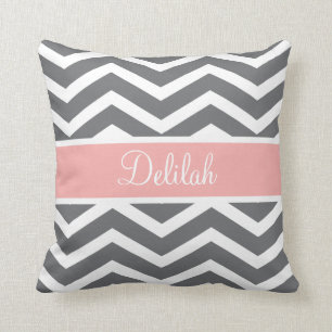 Grey Gray Peach Chevron Custom Name Throw Pillow