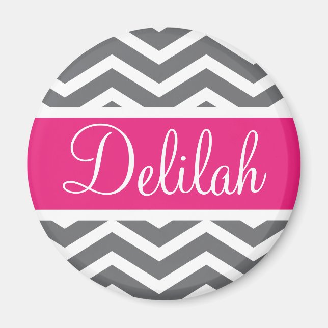 Grey Gray Pink Chevron Name Magnet (Front)