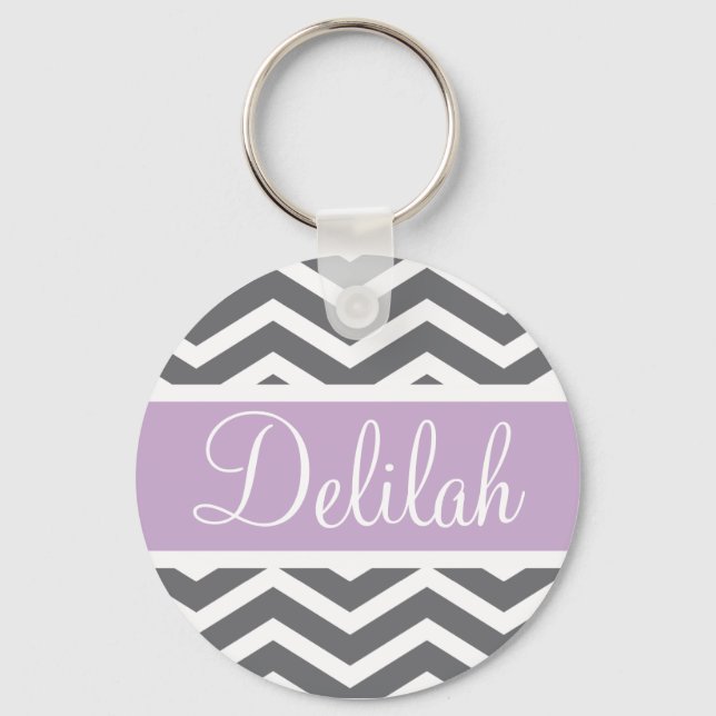 Grey Gray Purple Chevron Custom Name Keychain (Front)