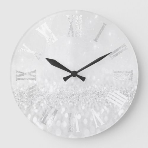 Grey Gray Silver Glitter Metal Roman Numers Large Clock