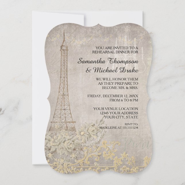 Grey Gray Vintage Paris Parisian Rehearsal Dinner Invitation (Back)