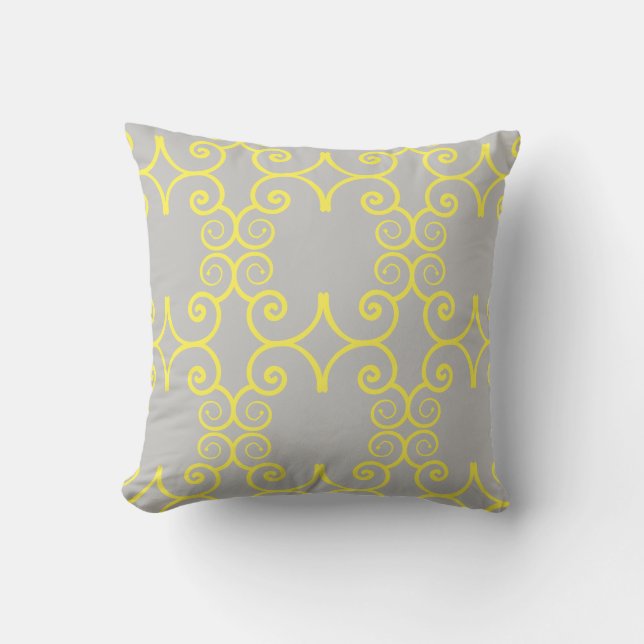 Grey gray & yellow abstract pattern solid back throw pillow (Front)