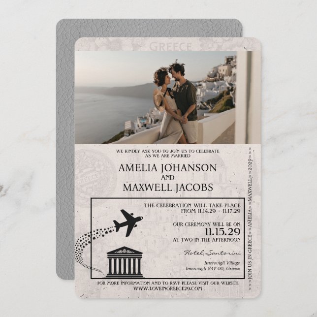 Grey Greece Passport Wedding Invitation (Front/Back)