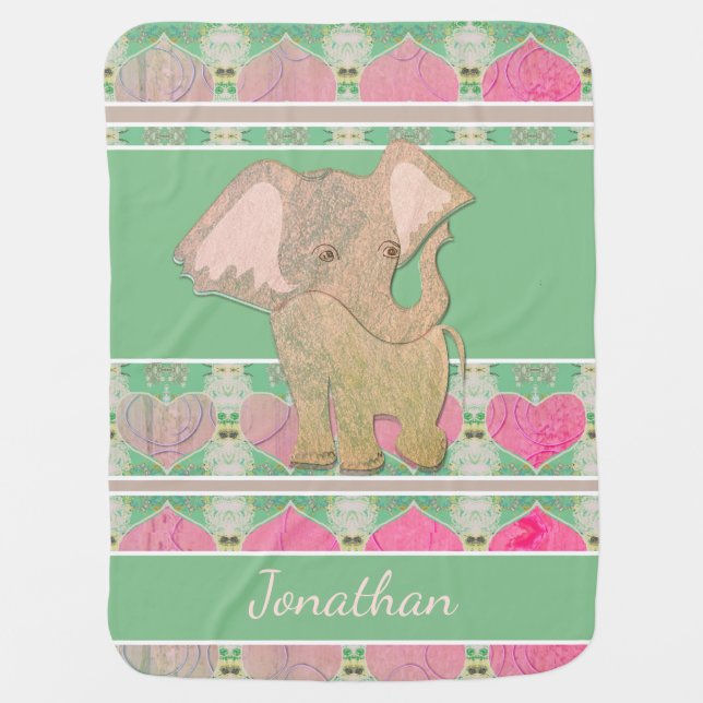 Grey Green Elephant Baby Blanket (Front)