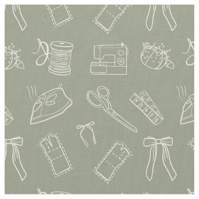 Grey Green Sewing Themed Pattern Fabric (Close Up)