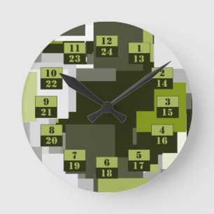 Grey Green Urban Camouflage Squares Military Time Round Clock