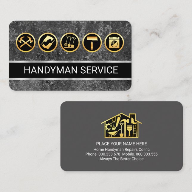Grey Grunge Wall Gold Handyman Tools Business Card (Front/Back)