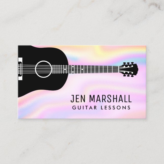 grey guitar silhouette on faux iridescent design business card (Front)