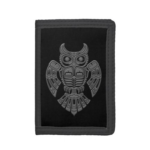 Grey Haida Spirit Owl on Black Tri-fold Wallet