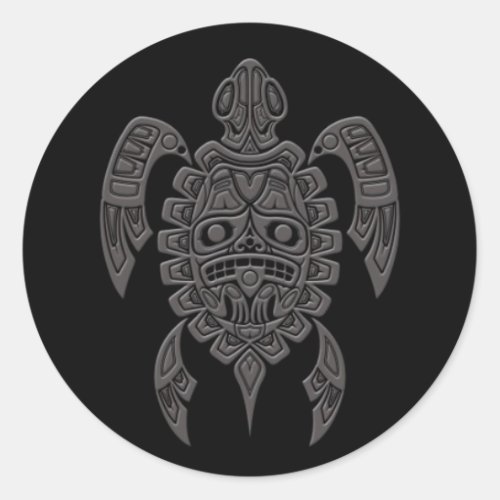 Grey Haida Spirit Sea Turtle on Black Classic Round Sticker