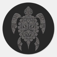 Grey Haida Spirit Sea Turtle on Black Classic Round Sticker