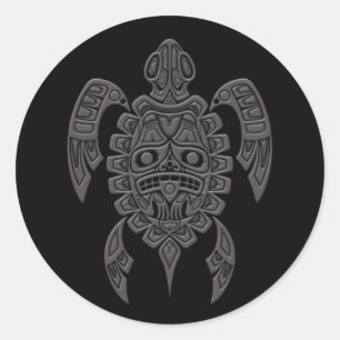Grey Haida Spirit Sea Turtle on Black Classic Round Sticker