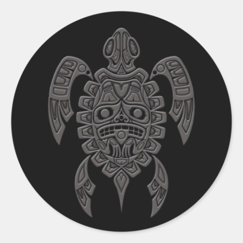Grey Haida Spirit Sea Turtle on Black Classic Round Sticker