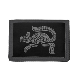 Grey Haida Spirit Wolf on Black Tri-fold Wallet