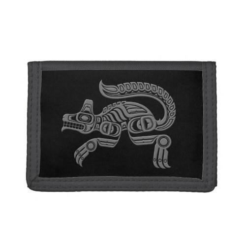 Grey Haida Spirit Wolf on Black Tri-fold Wallet