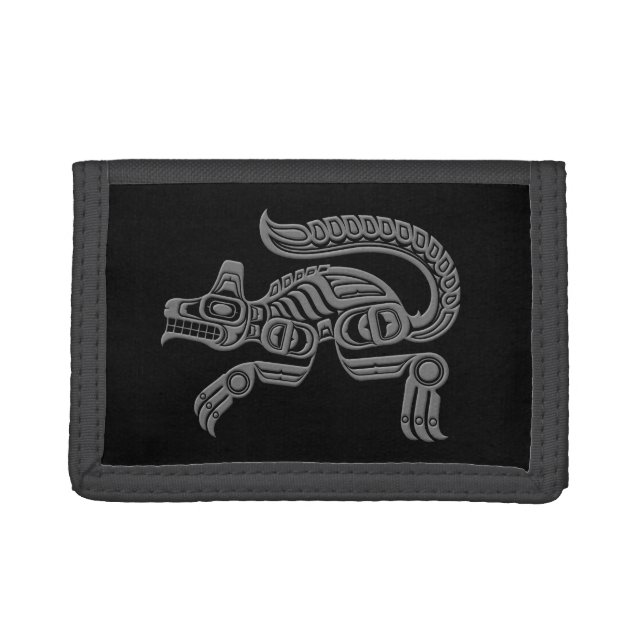 Grey Haida Spirit Wolf on Black Tri-fold Wallet (Front)