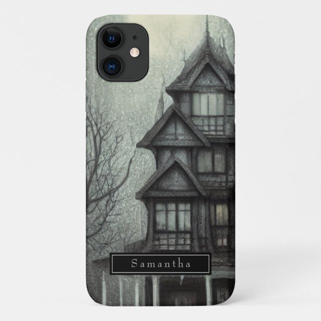 Grey Halloween Haunted House Personalized Name Case-Mate iPhone Case (Back)