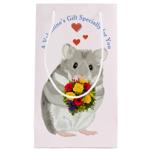 Grey Hamster with a bouquet editable Valentineâs Small Gift Bag
