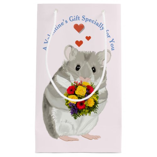 Grey Hamster with a bouquet editable Valentines Small Gift Bag