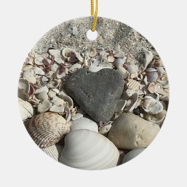 Grey heart stone on beach ornament personalized (Front)