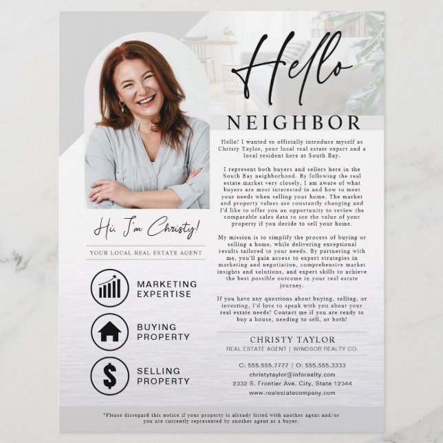Grey Hello Neighbor Real Estate Agent Introduction Flyer (Front)
