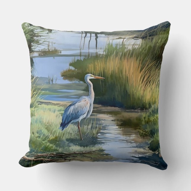 Grey Heron in a Creek Throw Pillow (Front)