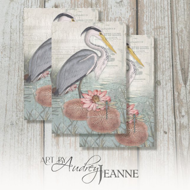 Grey Heron Water Lily Pond Vintage Decoupage Art Tissue Paper (Creator Uploaded)