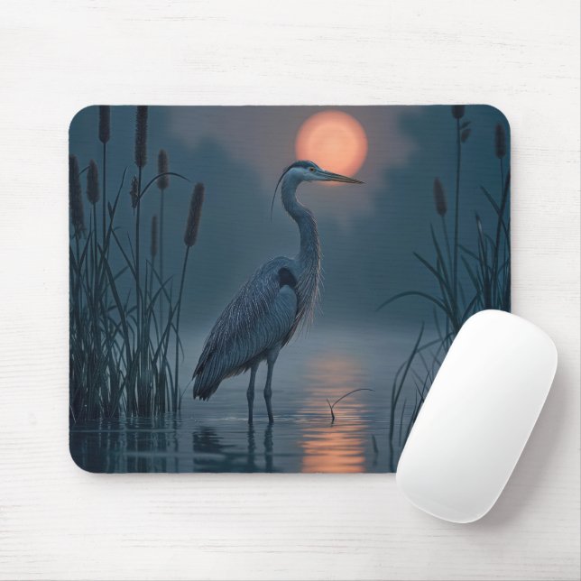 Grey Heron With Pink Moon Mouse Pad (With Mouse)