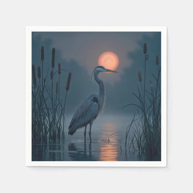 Grey Heron With Pink Moon Napkins (Front)