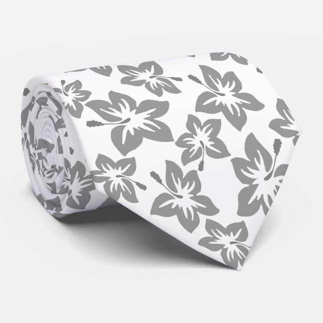 Grey Hibiscus Hawaiian pattern  Neck Tie (Rolled)