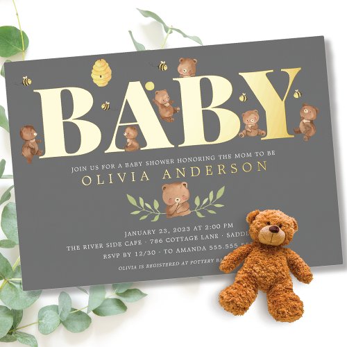 Grey Honey Bear Baby Shower  Foil Invitation