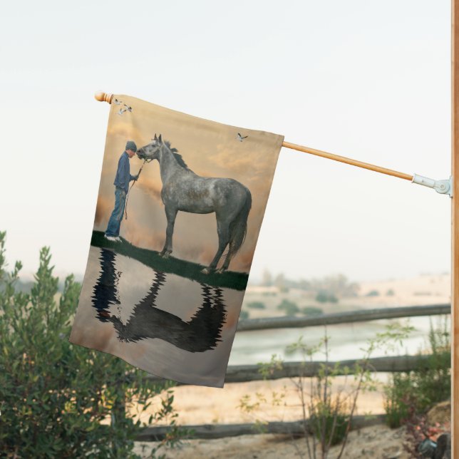 Grey Horse And Groom OTTB House Flag (Insitu (Back))