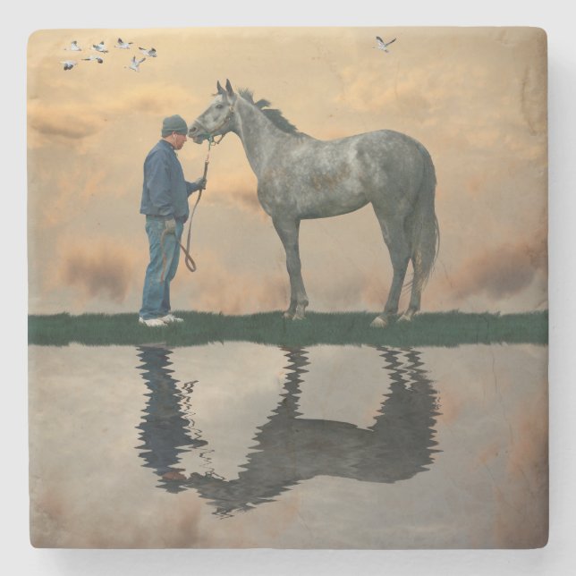 Grey Horse And Groom OTTB Stone Coaster (Front)