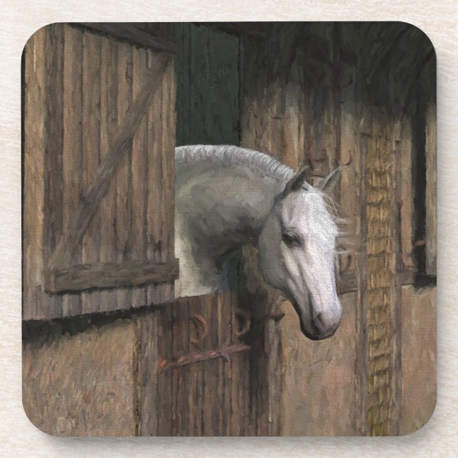Grey Horse at the Stable Door Beverage Coaster (Front)