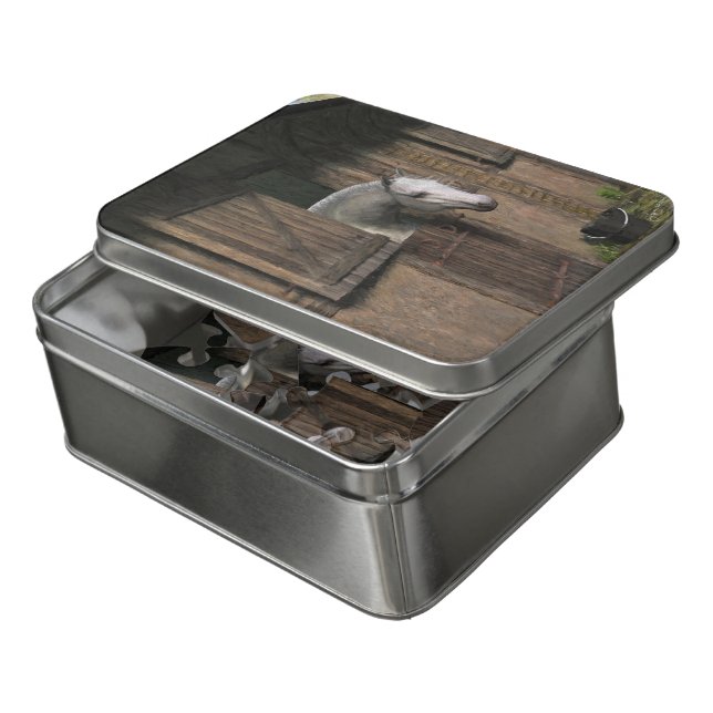 Grey Horse at the Stable Door Jigsaw Puzzle (Lid Open)