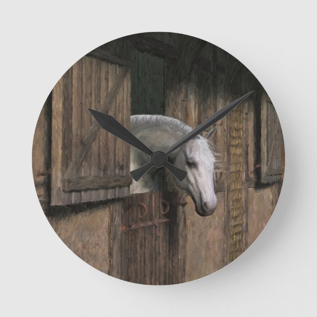 Grey Horse at the Stable Door Round Clock (Front)