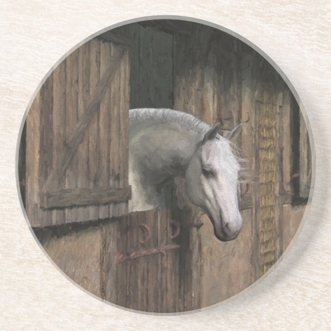 Grey Horse at the Stable Door Sandstone Coaster (Front)