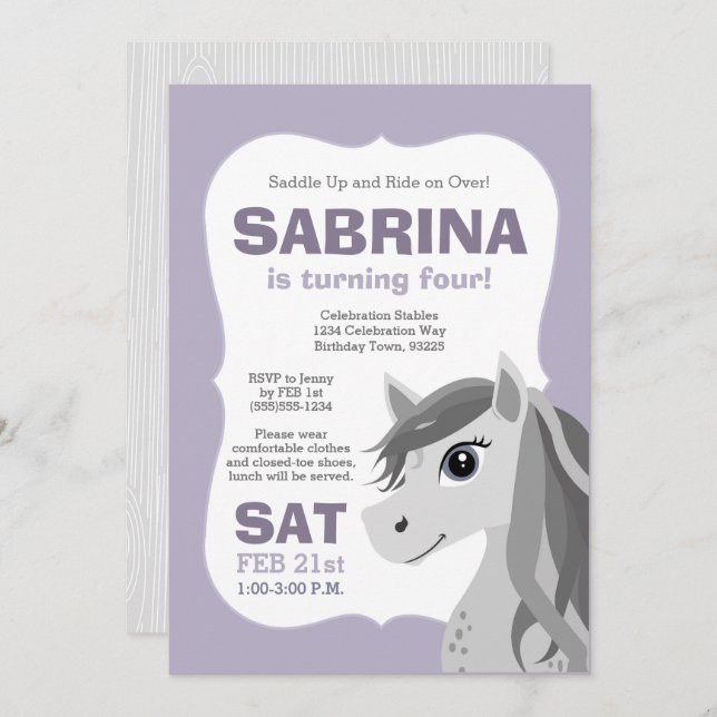 Grey Horse Horseback Riding Birthday Party Purple Invitation (Front/Back)