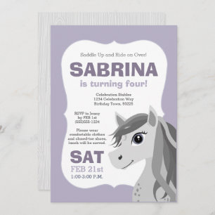 Grey Horse Horseback Riding Birthday Party Purple Invitation
