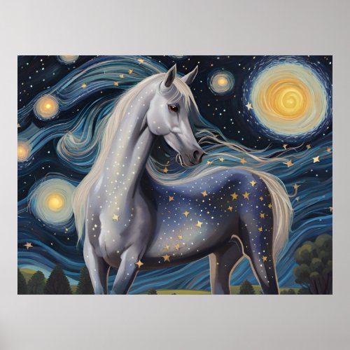 Grey Horse in a Starry Night Poster