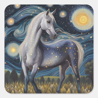 Grey Horse in a Starry Night Square Sticker