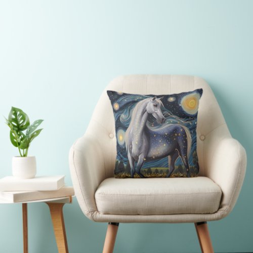 Grey Horse in a Starry Night Throw Pillow