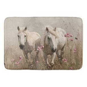 Grey Horses Pink Flowers Oil Painting Bath Mat
