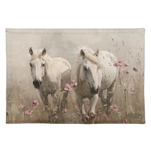 Grey Horses Pink Flowers Oil Painting Cloth Placemat