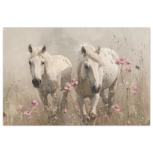 Grey Horses Pink Flowers Oil Painting Decoupage Tissue Paper